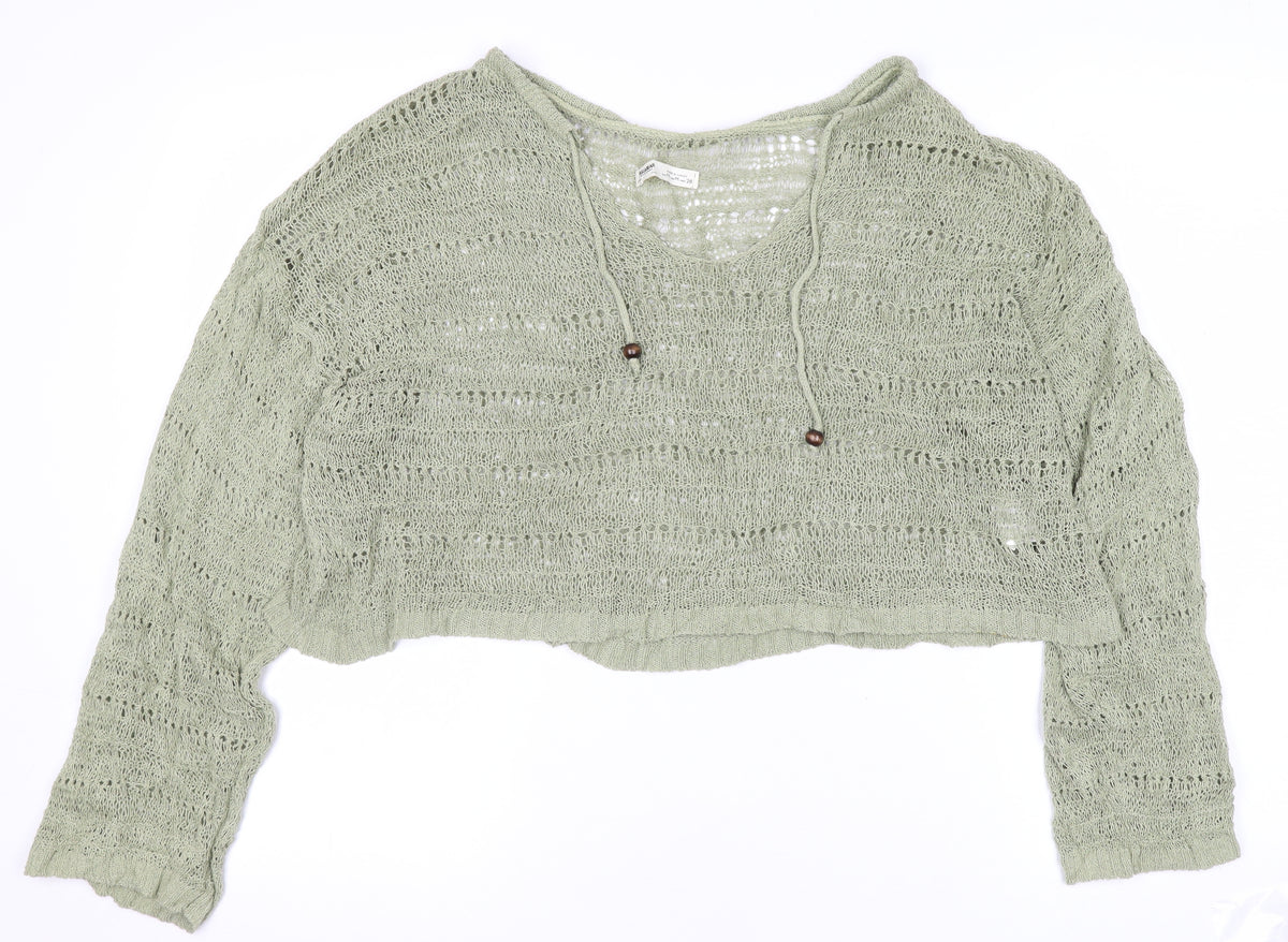Pull&Bear Women’s Green UK 12 Hooded Open-Knit Cotton Pullover