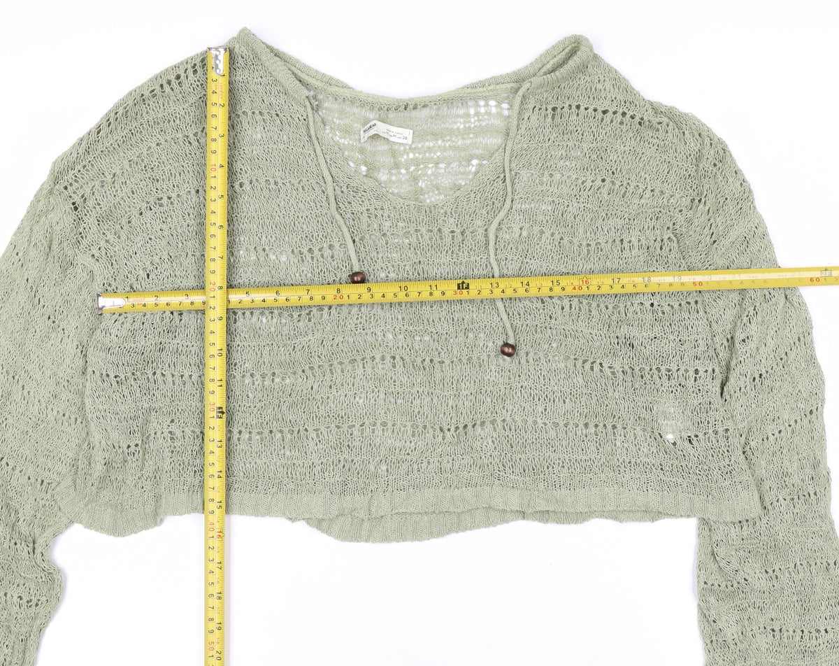 Pull&Bear Women’s Green UK 12 Hooded Open-Knit Cotton Pullover