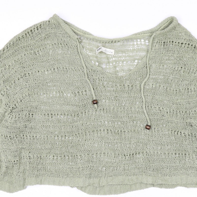 Pull&Bear Women’s Green UK 12 Hooded Open-Knit Cotton Pullover