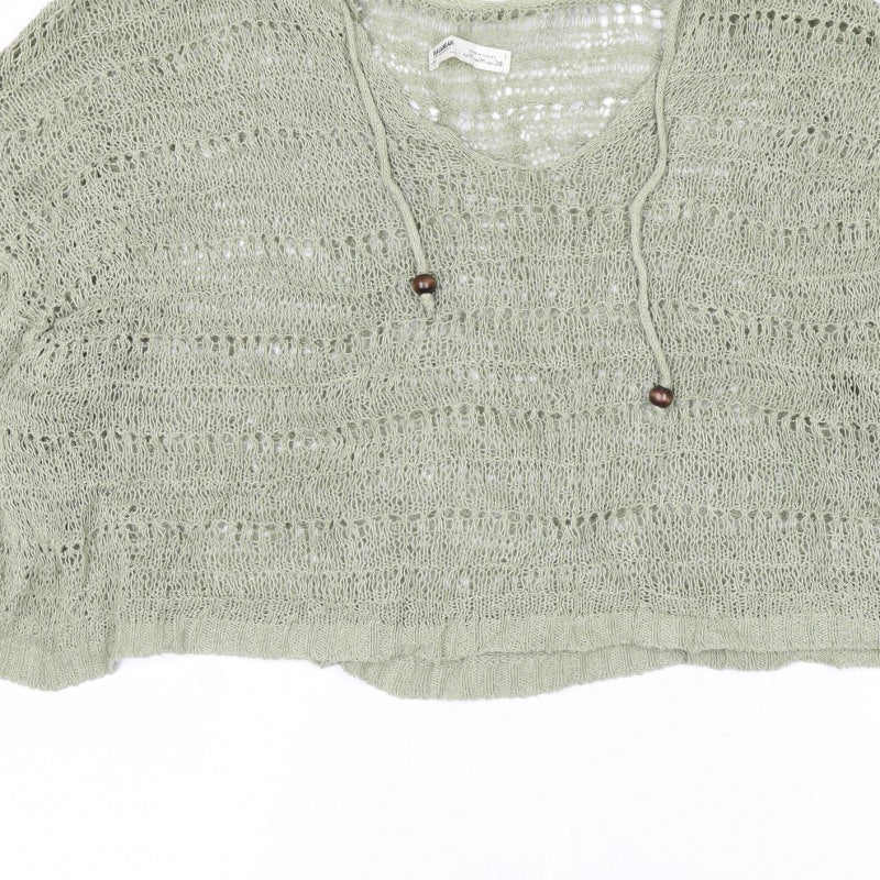 Pull&Bear Women’s Green UK 12 Hooded Open-Knit Cotton Pullover