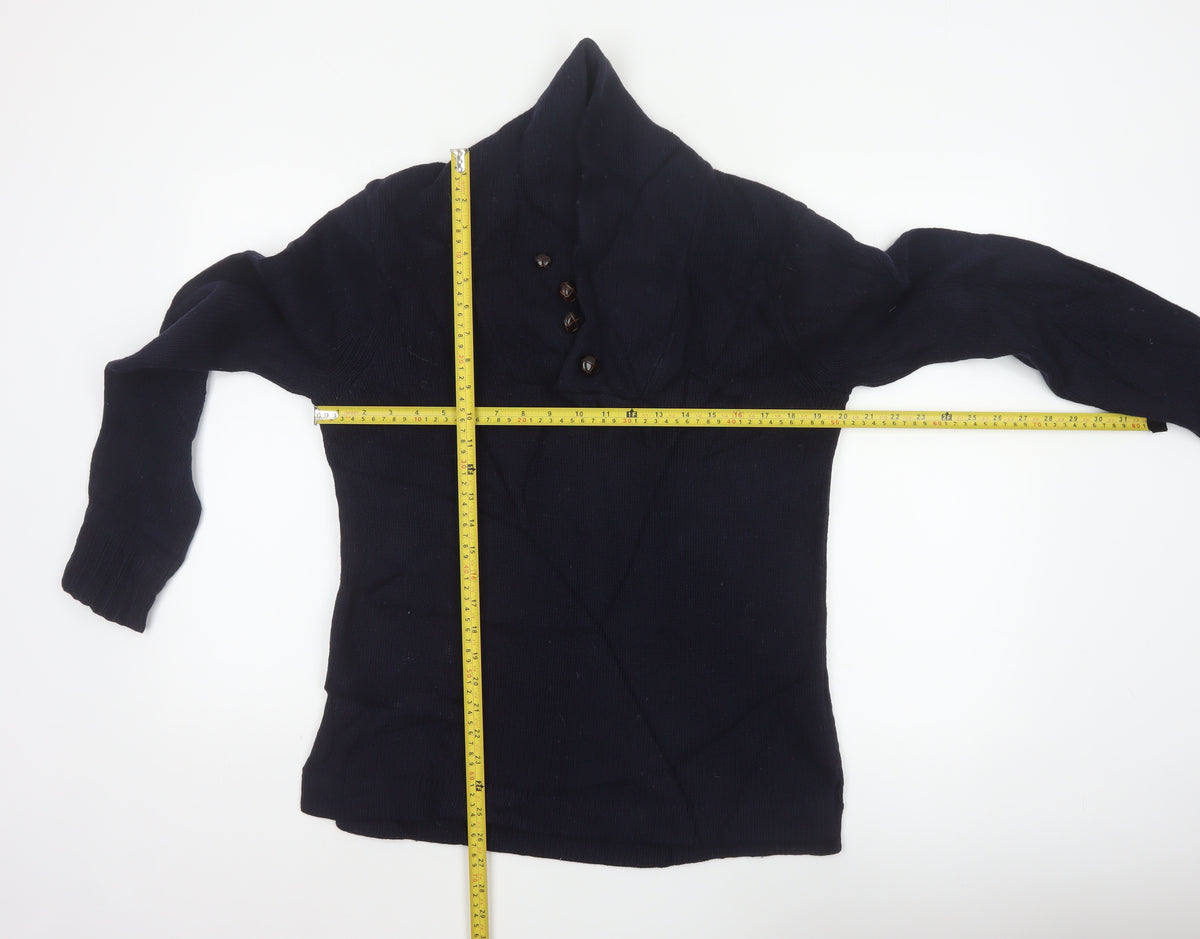 Acne Mens Navy Blue M Wool High Neck Button Henley Jumper