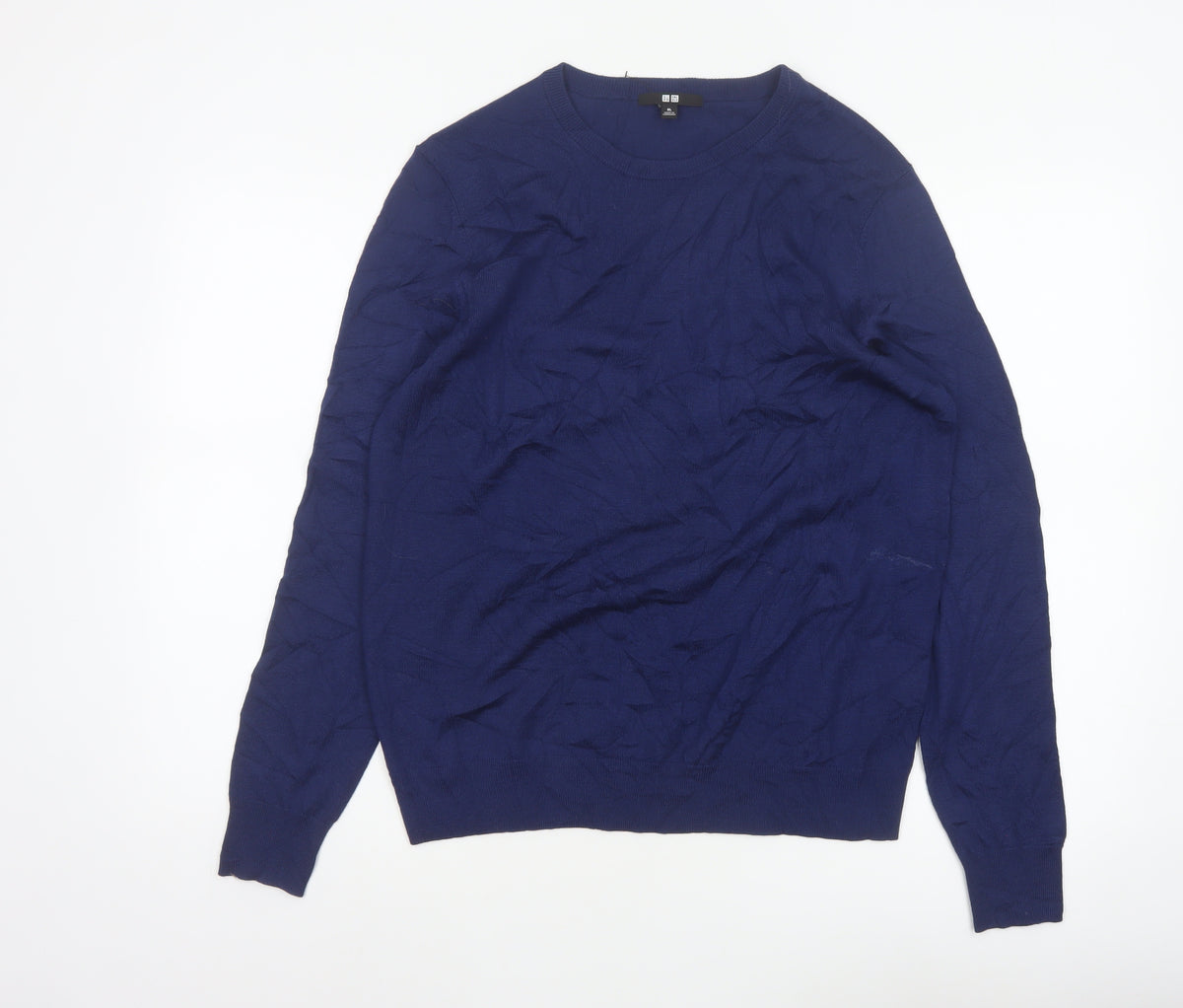 Uniqlo Men Blue XL 100% Wool Crew Neck Tight Knit Pullover Jumper