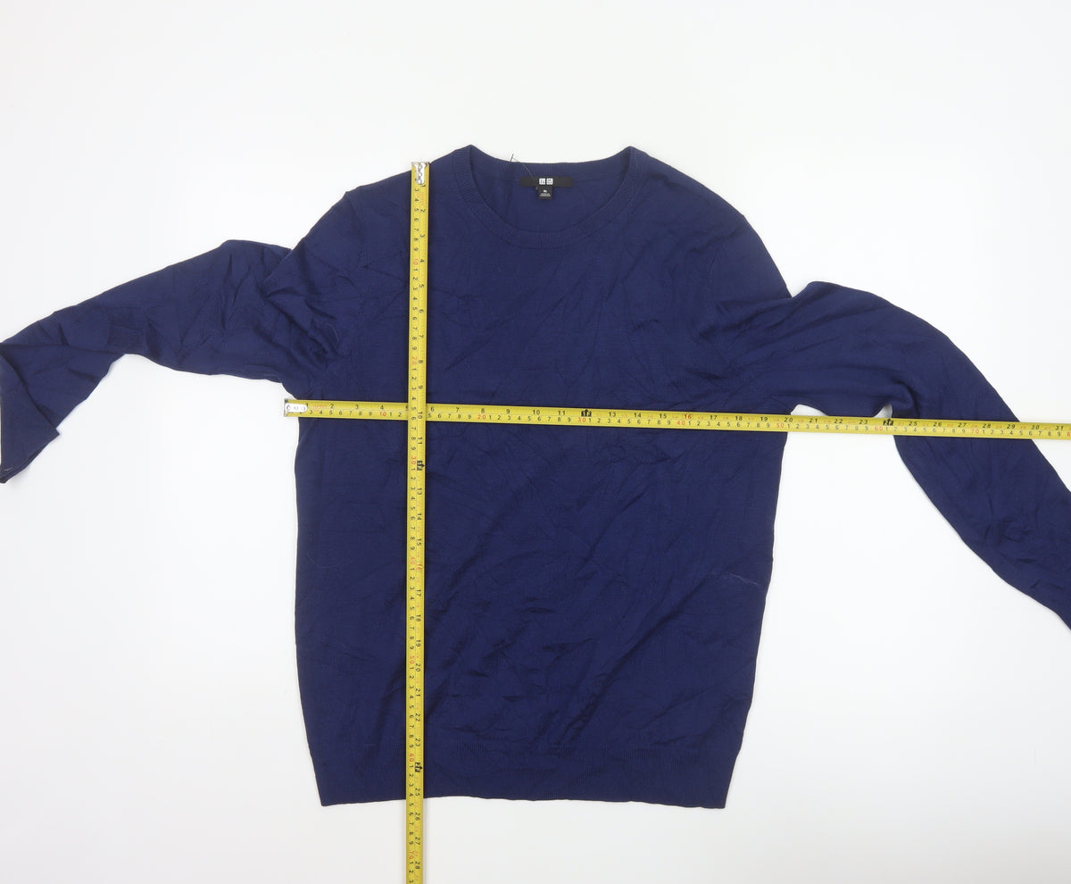 Uniqlo Men Blue XL 100% Wool Crew Neck Tight Knit Pullover Jumper