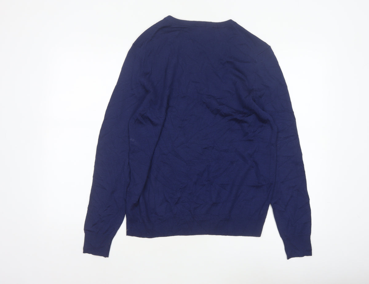 Uniqlo Men Blue XL 100% Wool Crew Neck Tight Knit Pullover Jumper