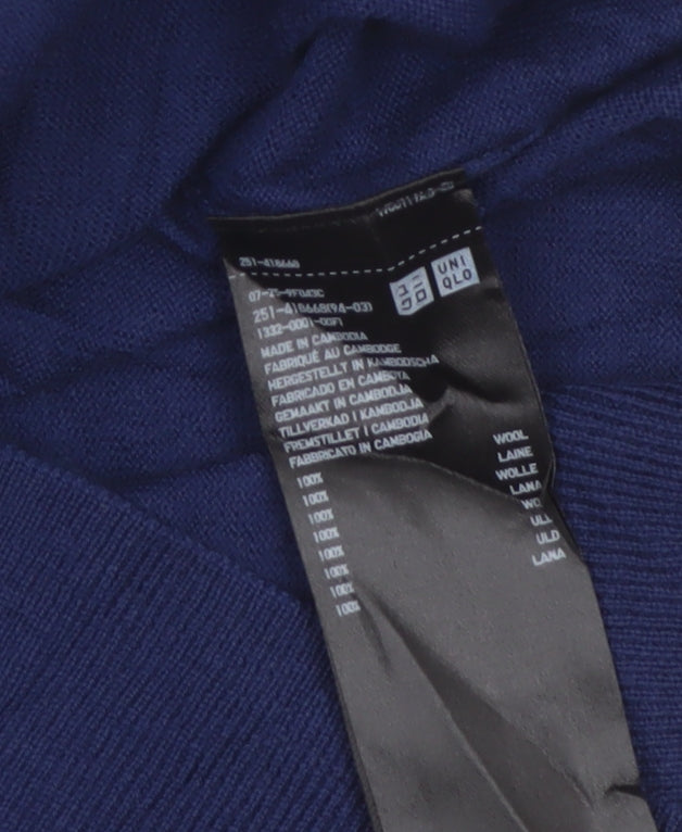 Uniqlo Men Blue XL 100% Wool Crew Neck Tight Knit Pullover Jumper