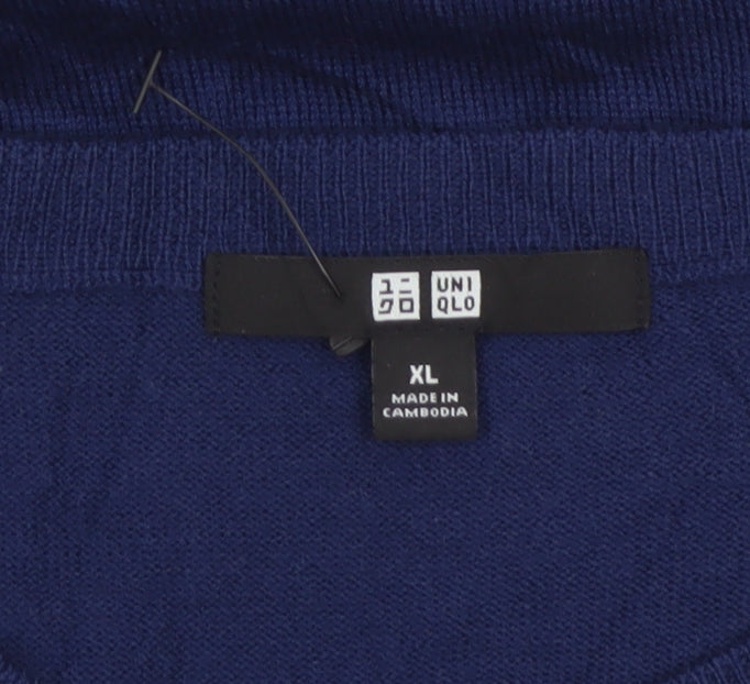 Uniqlo Men Blue XL 100% Wool Crew Neck Tight Knit Pullover Jumper