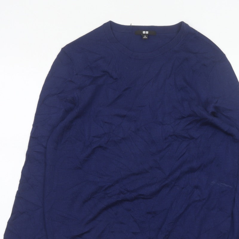 Uniqlo Men Blue XL 100% Wool Crew Neck Tight Knit Pullover Jumper