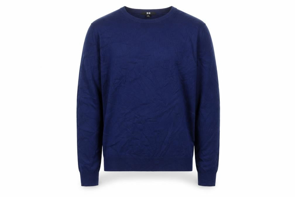 Uniqlo Men Blue XL 100% Wool Crew Neck Tight Knit Pullover Jumper