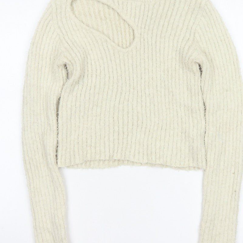 Zara Women Ivory UK 14 L Open Knit Crew Neck Pullover Jumper