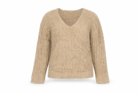 Marks and Spencer Women Beige M Cable Knit V-Neck Fluffy Jumper