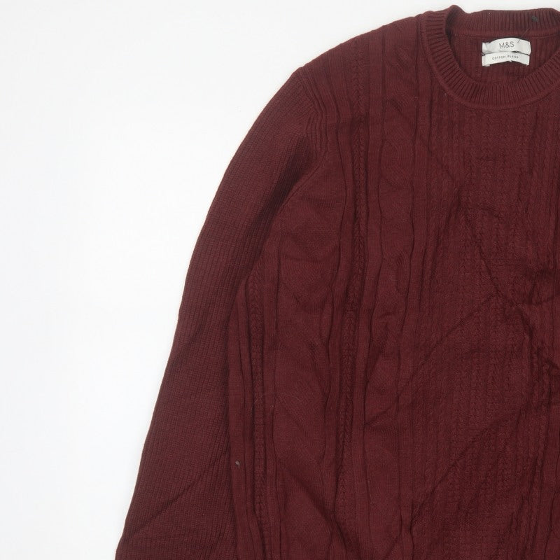 Marks and Spencer Men Red 2XL Cable Knit Cotton Blend Pullover Jumper