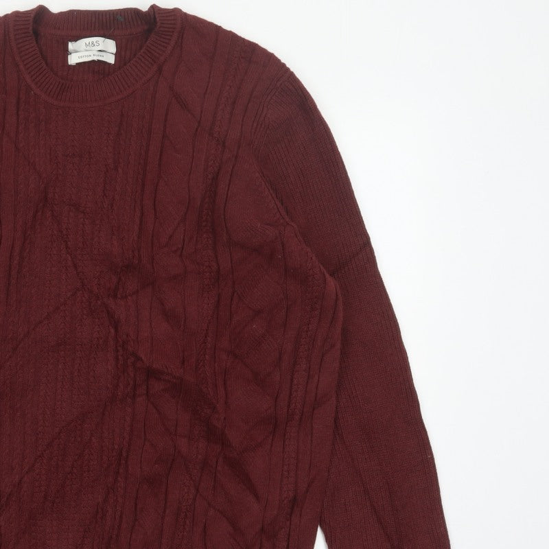 Marks and Spencer Men Red 2XL Cable Knit Cotton Blend Pullover Jumper