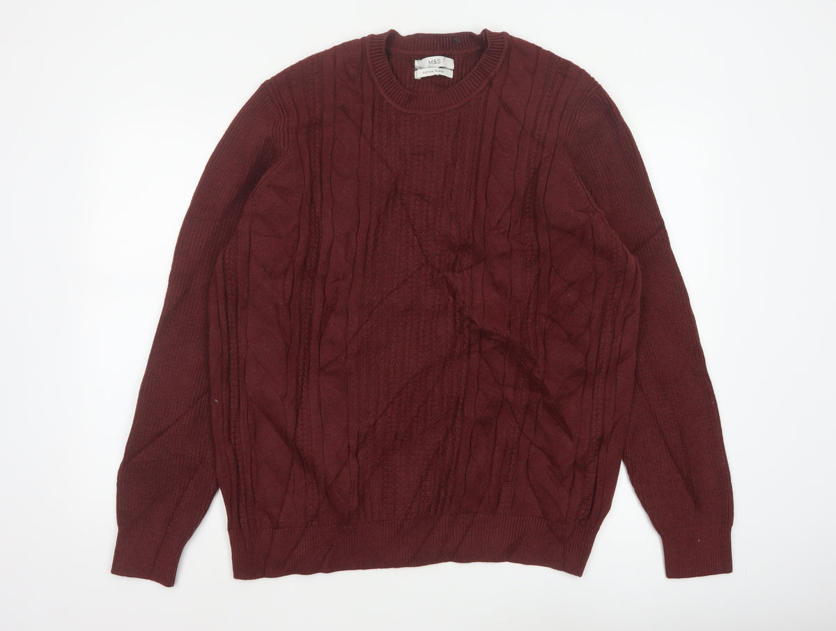 Marks and Spencer Men Red 2XL Cable Knit Cotton Blend Pullover Jumper