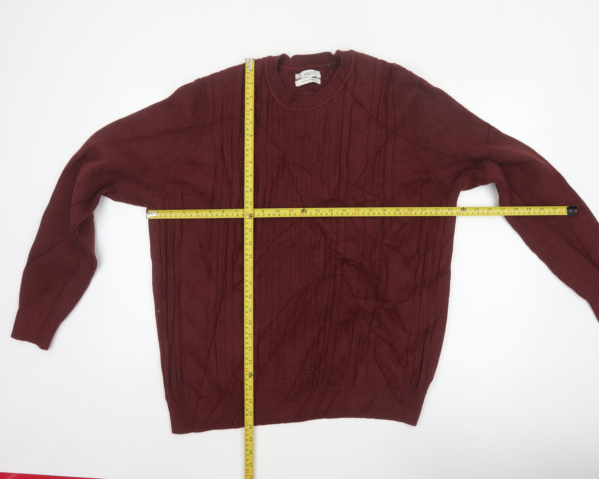Marks and Spencer Men Red 2XL Cable Knit Cotton Blend Pullover Jumper