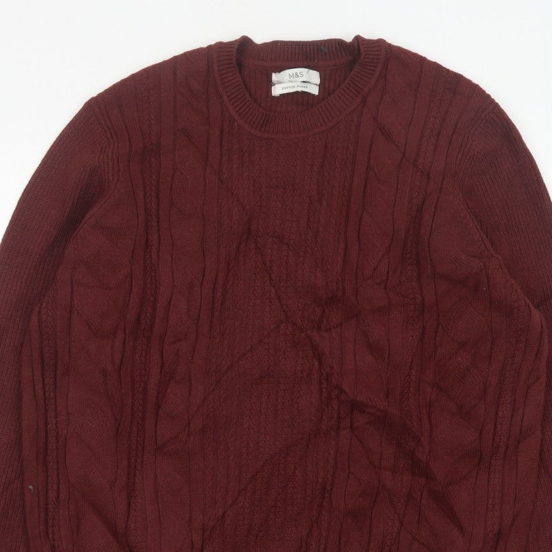 Marks and Spencer Men Red 2XL Cable Knit Cotton Blend Pullover Jumper
