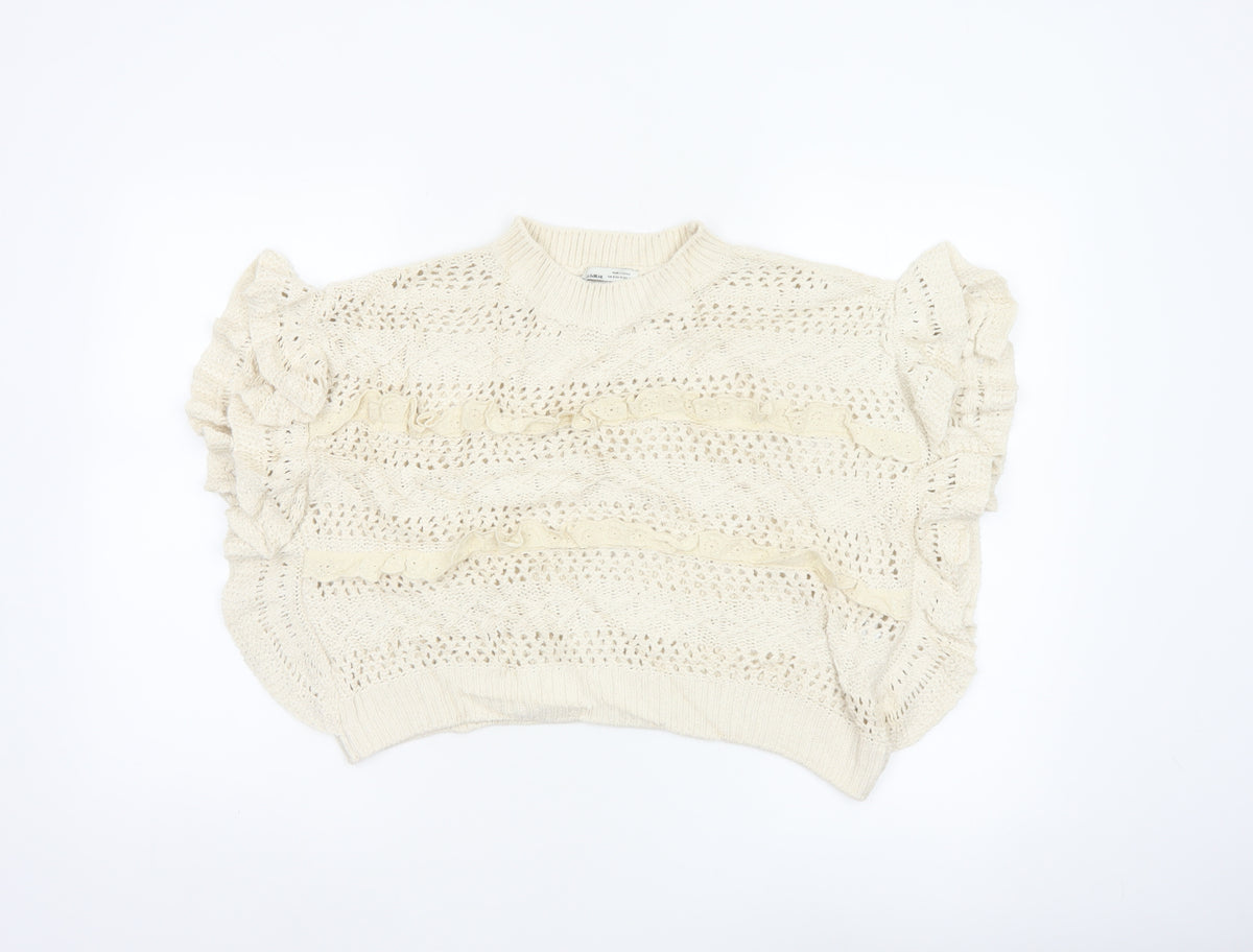Pull&Bear Women Ivory M Ruffle Open-Knit Cotton Jumper