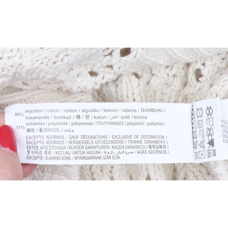 Pull&Bear Women Ivory M Ruffle Open-Knit Cotton Jumper
