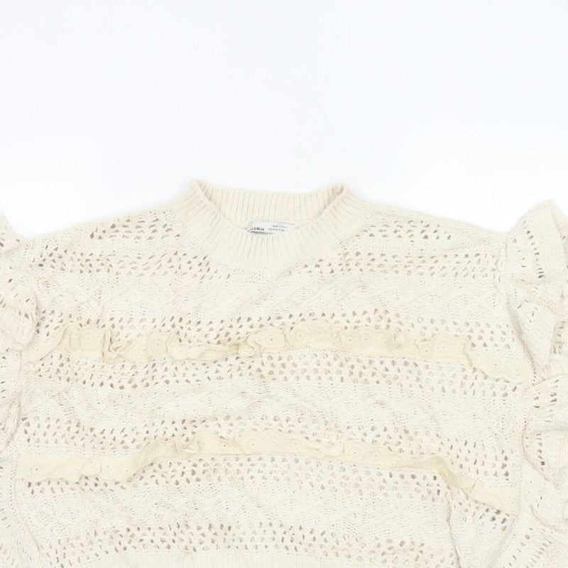 Pull&Bear Women Ivory M Ruffle Open-Knit Cotton Jumper