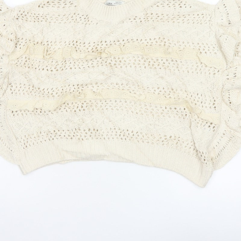 Pull&Bear Women Ivory M Ruffle Open-Knit Cotton Jumper