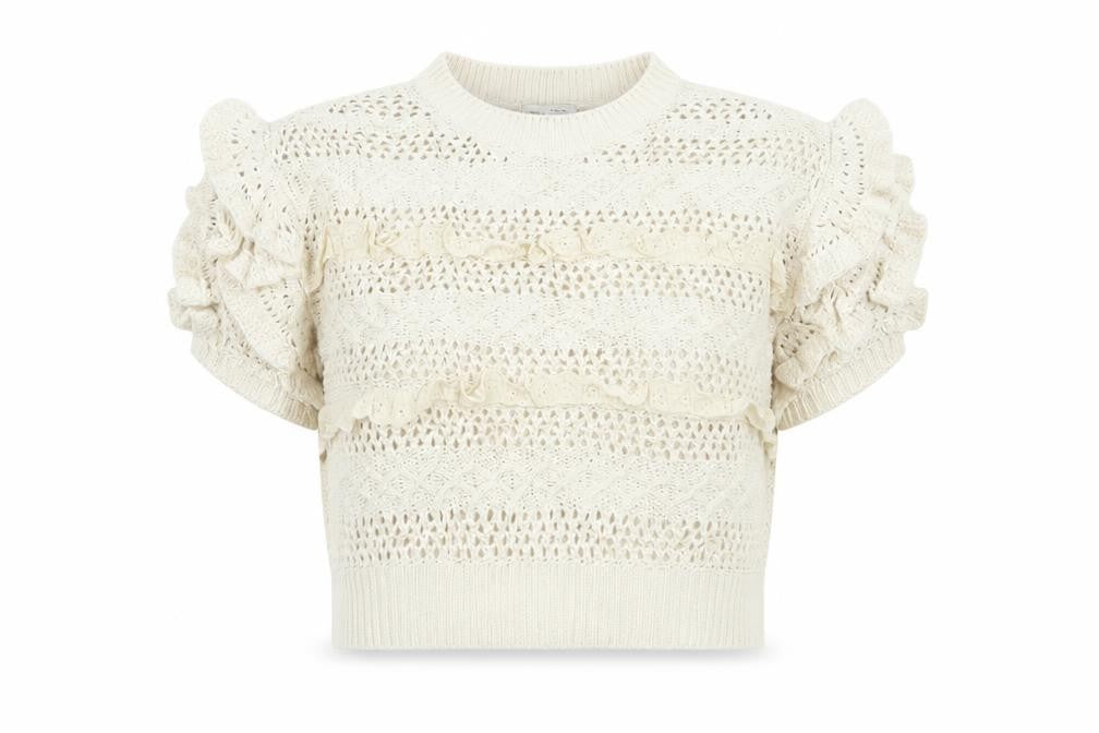 Pull&Bear Women Ivory M Ruffle Open-Knit Cotton Jumper