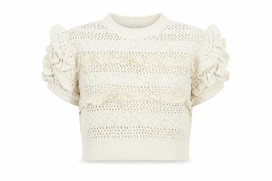 Pull&Bear Women Ivory M Ruffle Open-Knit Cotton Jumper