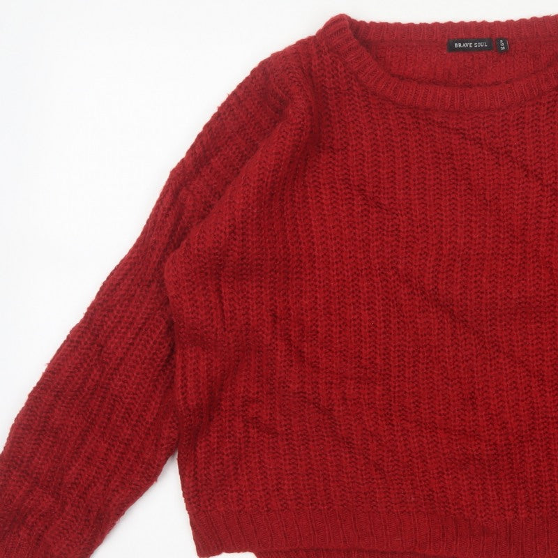 Brave Soul Women Red UK 12 Cable Knit Crew Neck Pullover Jumper
