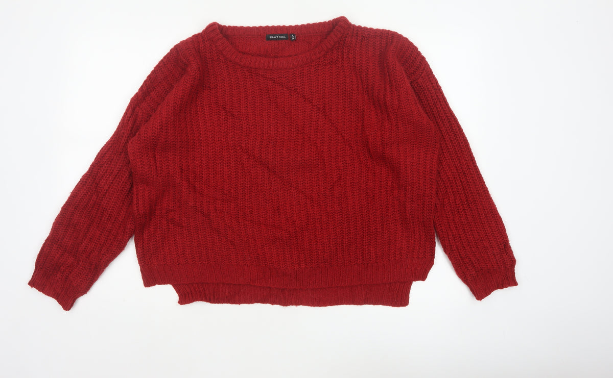 Brave Soul Women Red UK 12 Cable Knit Crew Neck Pullover Jumper