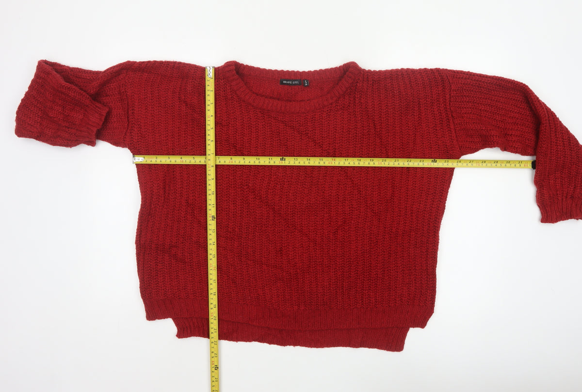 Brave Soul Women Red UK 12 Cable Knit Crew Neck Pullover Jumper