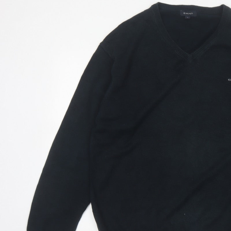 GANT Men’s Black L V-Neck Cotton Logo Knit Pullover Jumper