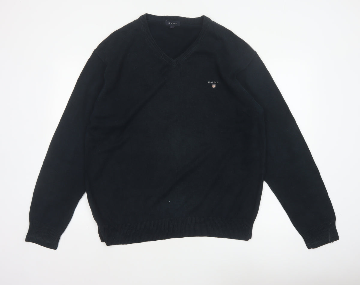 GANT Men’s Black L V-Neck Cotton Logo Knit Pullover Jumper