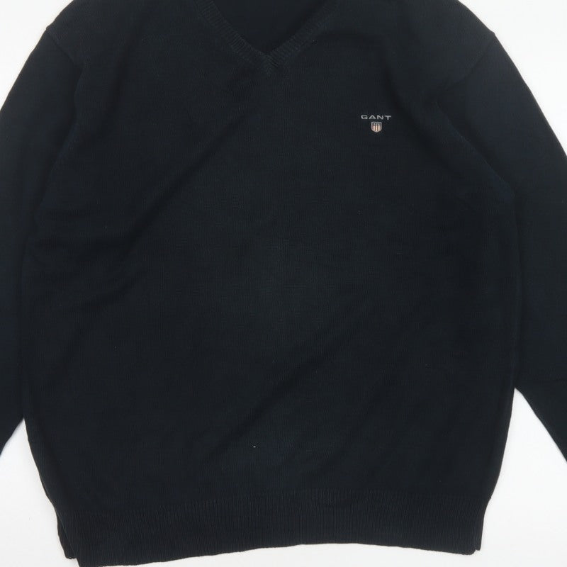 GANT Men’s Black L V-Neck Cotton Logo Knit Pullover Jumper