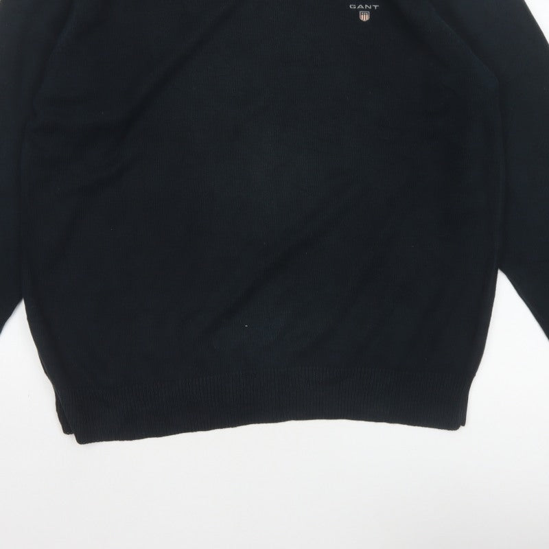 GANT Men’s Black L V-Neck Cotton Logo Knit Pullover Jumper