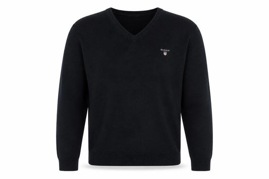 GANT Men’s Black L V-Neck Cotton Logo Knit Pullover Jumper