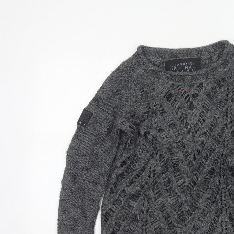 Superdry Women Grey Small Open Knit Crew Neck Pullover Jumper Logo