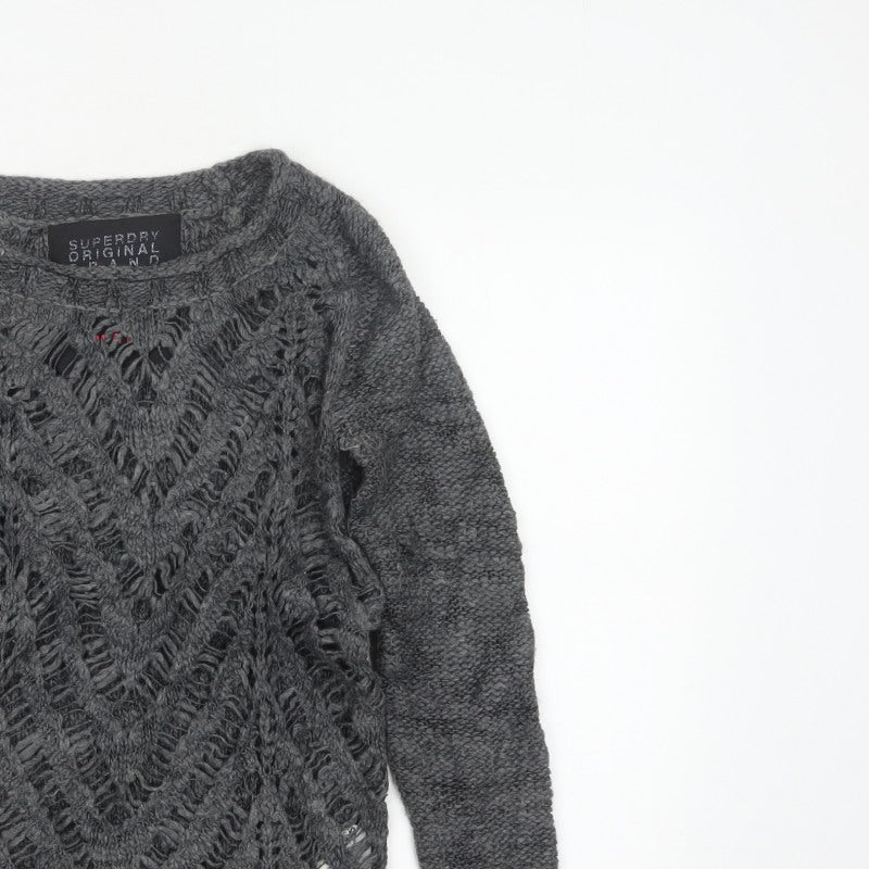 Superdry Women Grey Small Open Knit Crew Neck Pullover Jumper Logo