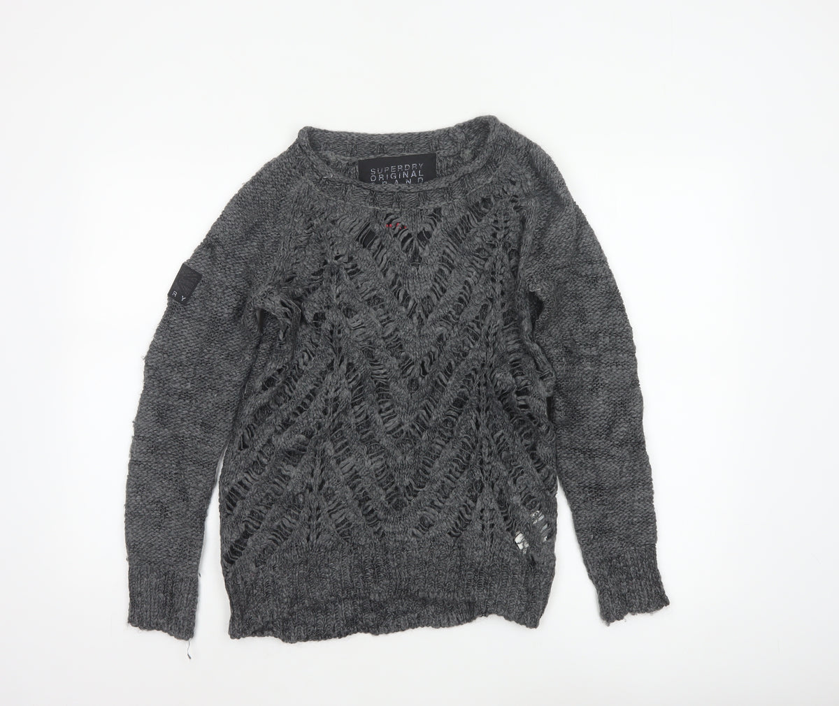 Superdry Women Grey Small Open Knit Crew Neck Pullover Jumper Logo