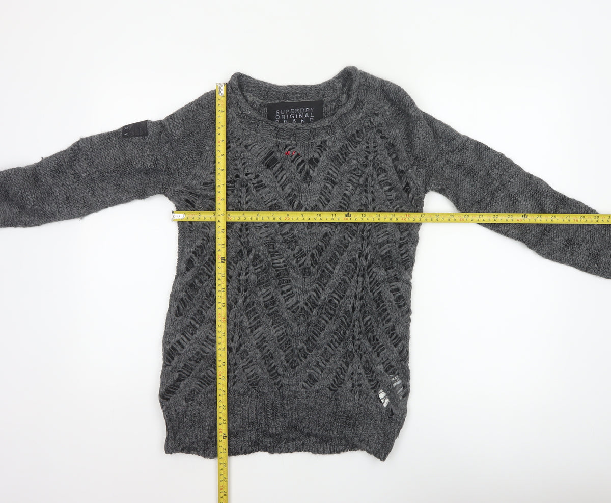 Superdry Women Grey Small Open Knit Crew Neck Pullover Jumper Logo