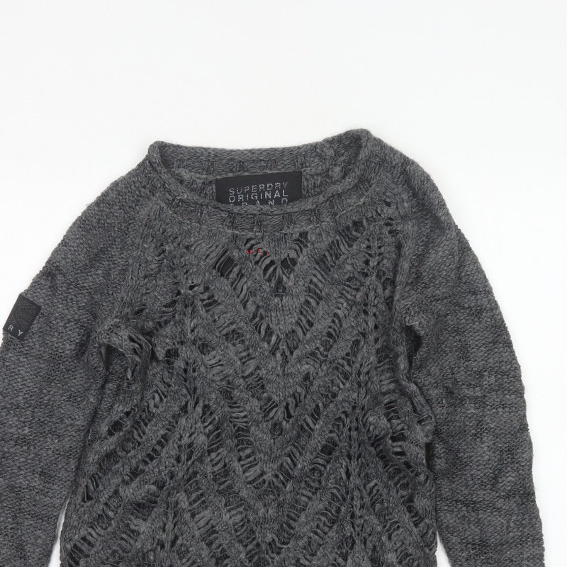 Superdry Women Grey Small Open Knit Crew Neck Pullover Jumper Logo
