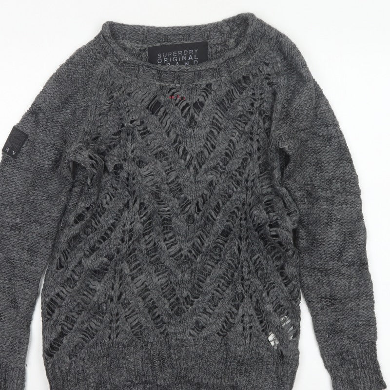 Superdry Women Grey Small Open Knit Crew Neck Pullover Jumper Logo