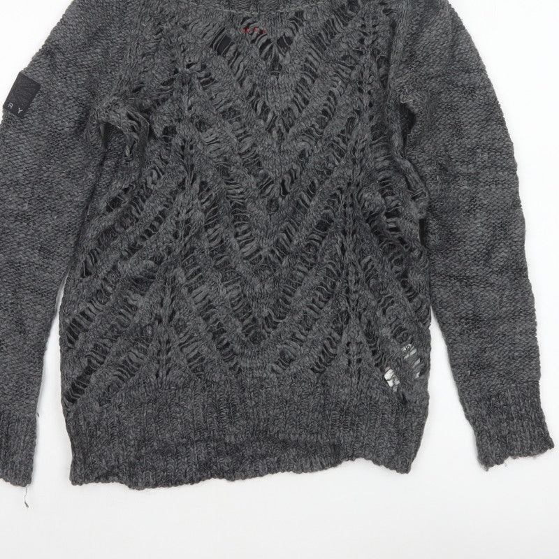 Superdry Women Grey Small Open Knit Crew Neck Pullover Jumper Logo