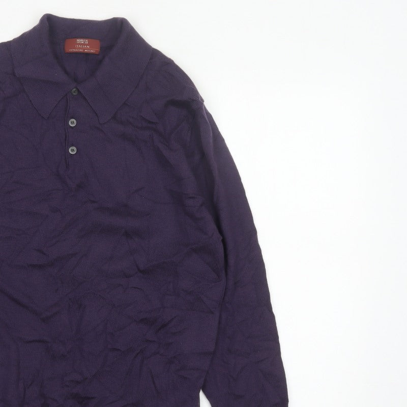Marks Spencer Men Purple M Merino Wool Collared Henley Jumper