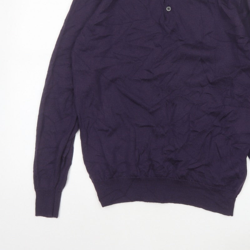 Marks Spencer Men Purple M Merino Wool Collared Henley Jumper