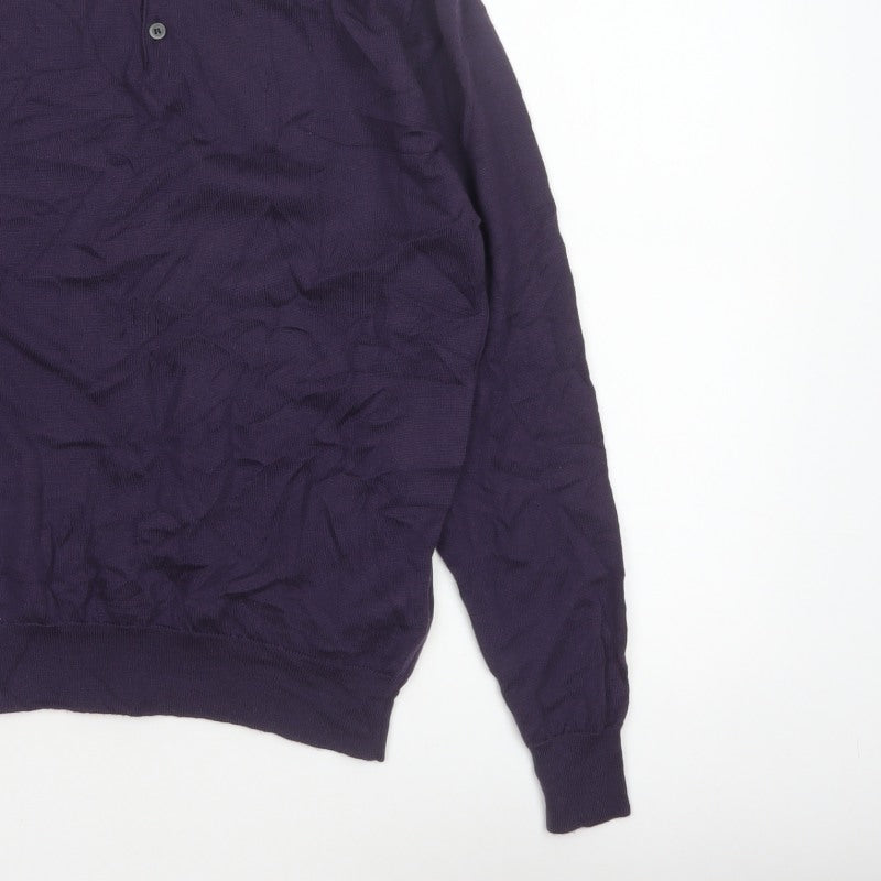 Marks Spencer Men Purple M Merino Wool Collared Henley Jumper
