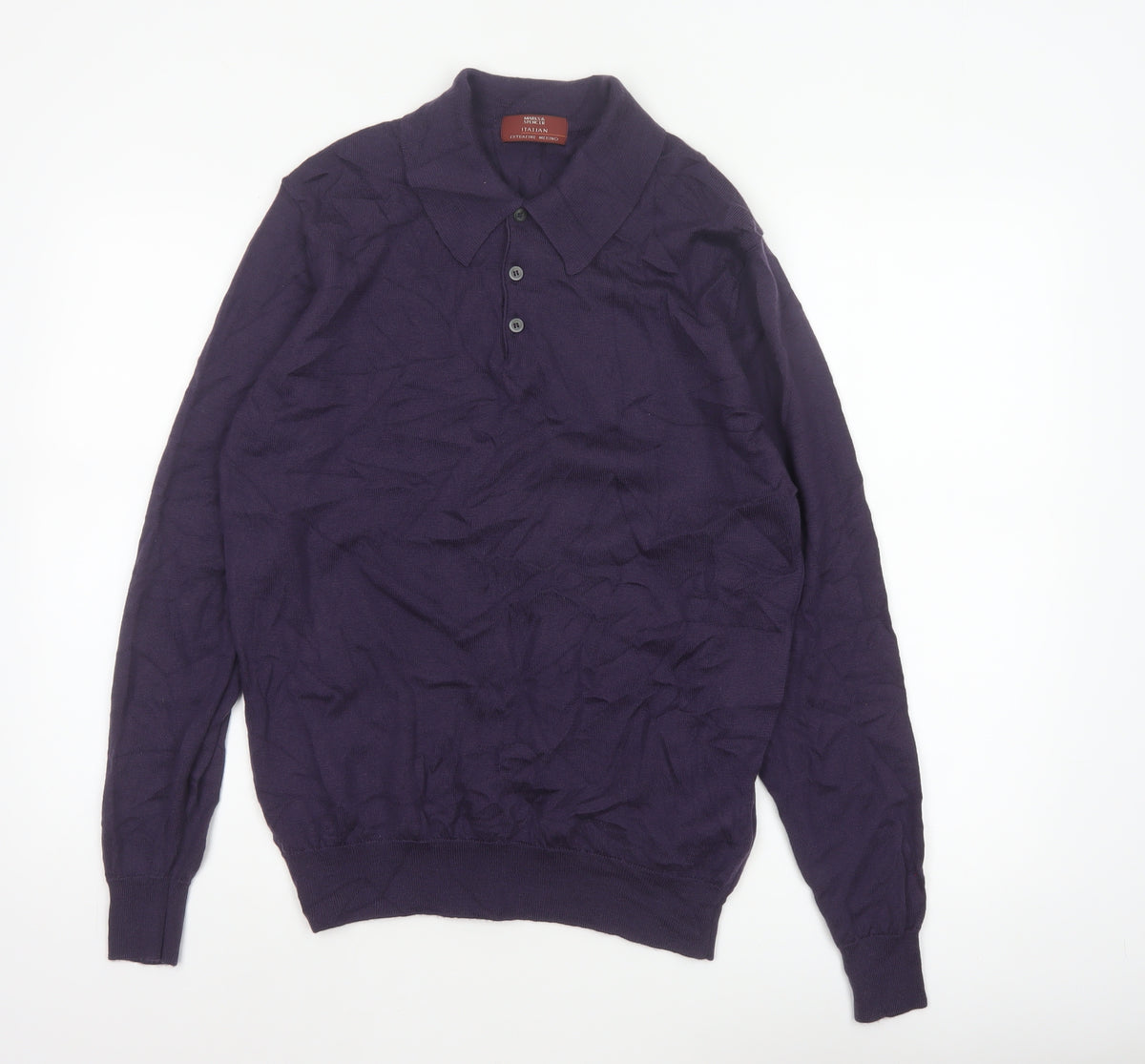 Marks Spencer Men Purple M Merino Wool Collared Henley Jumper