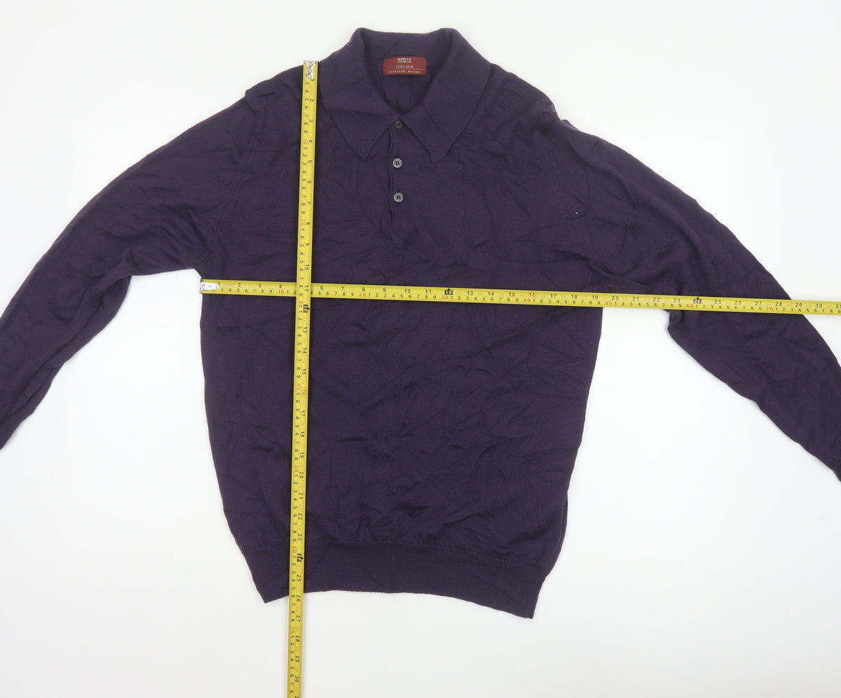 Marks Spencer Men Purple M Merino Wool Collared Henley Jumper
