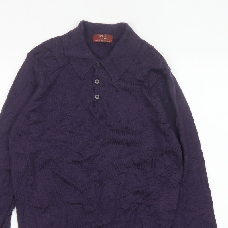 Marks Spencer Men Purple M Merino Wool Collared Henley Jumper