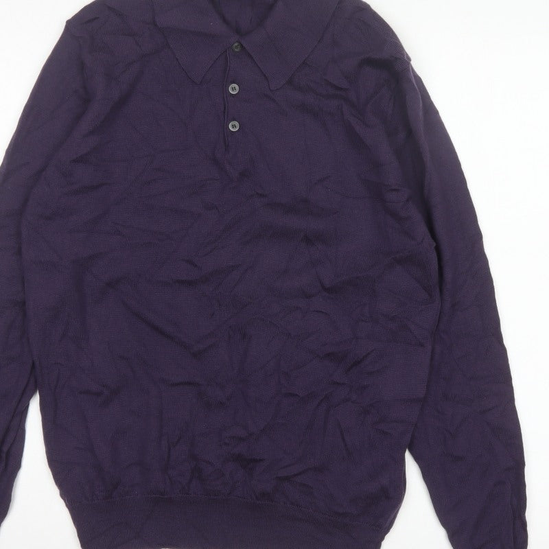 Marks Spencer Men Purple M Merino Wool Collared Henley Jumper