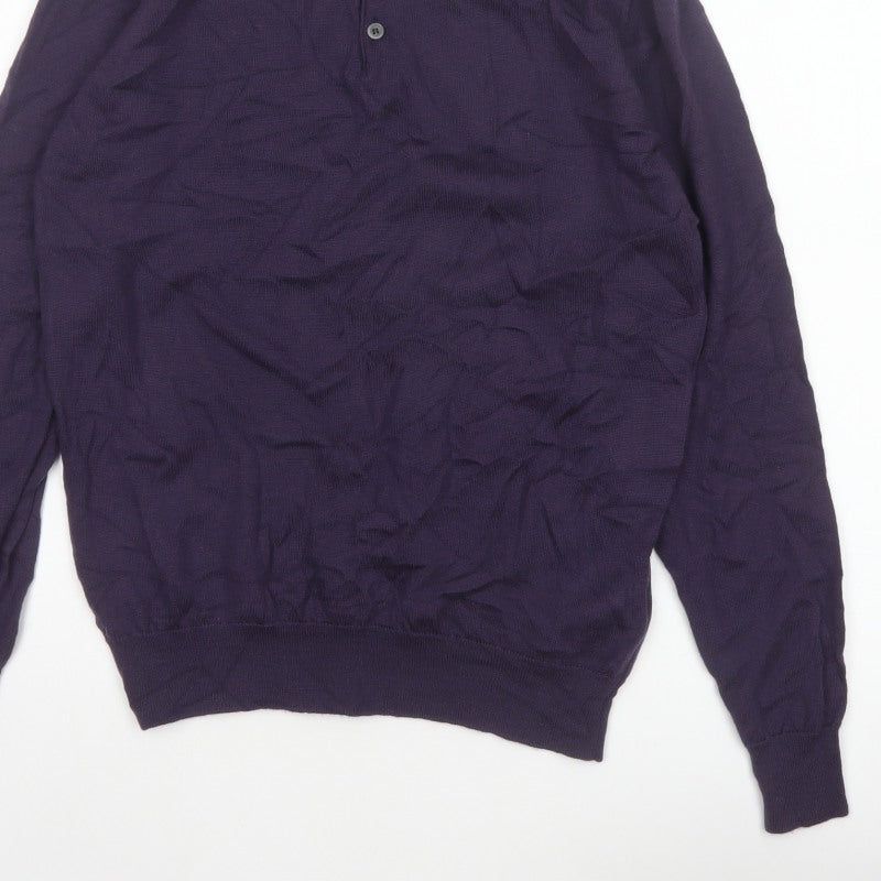 Marks Spencer Men Purple M Merino Wool Collared Henley Jumper