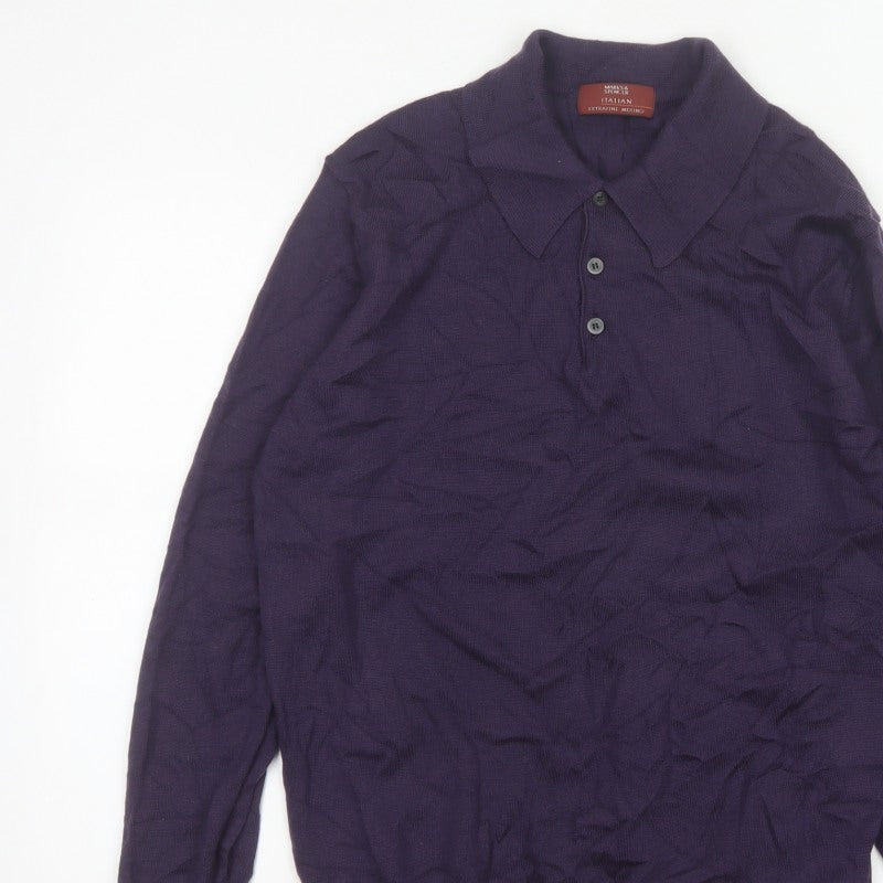 Marks Spencer Men Purple M Merino Wool Collared Henley Jumper