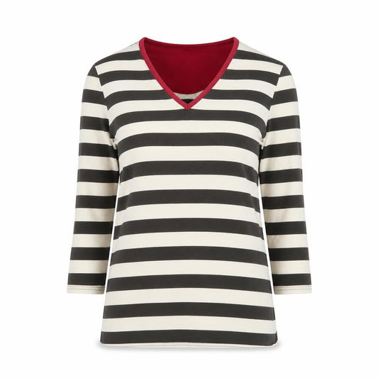 Joules Women’s Black Ivory Stripe V-Neck Long Sleeve Jersey Top XS